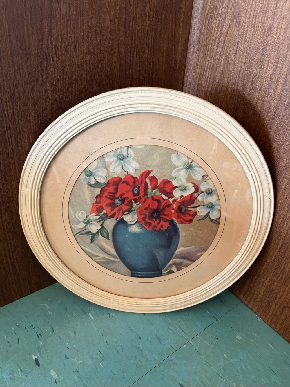 Vintage painting print in round ivory frame white red poppies in blue vase